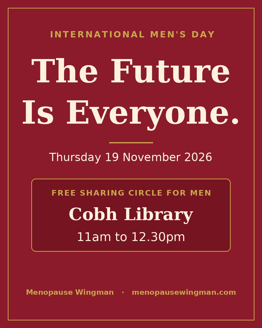 Maroon graphic with gold border. Text reads: International Men's Day, The Future Is Everyone, Thursday 19 November 2026, Menopause Wingman, menopausewingman.com